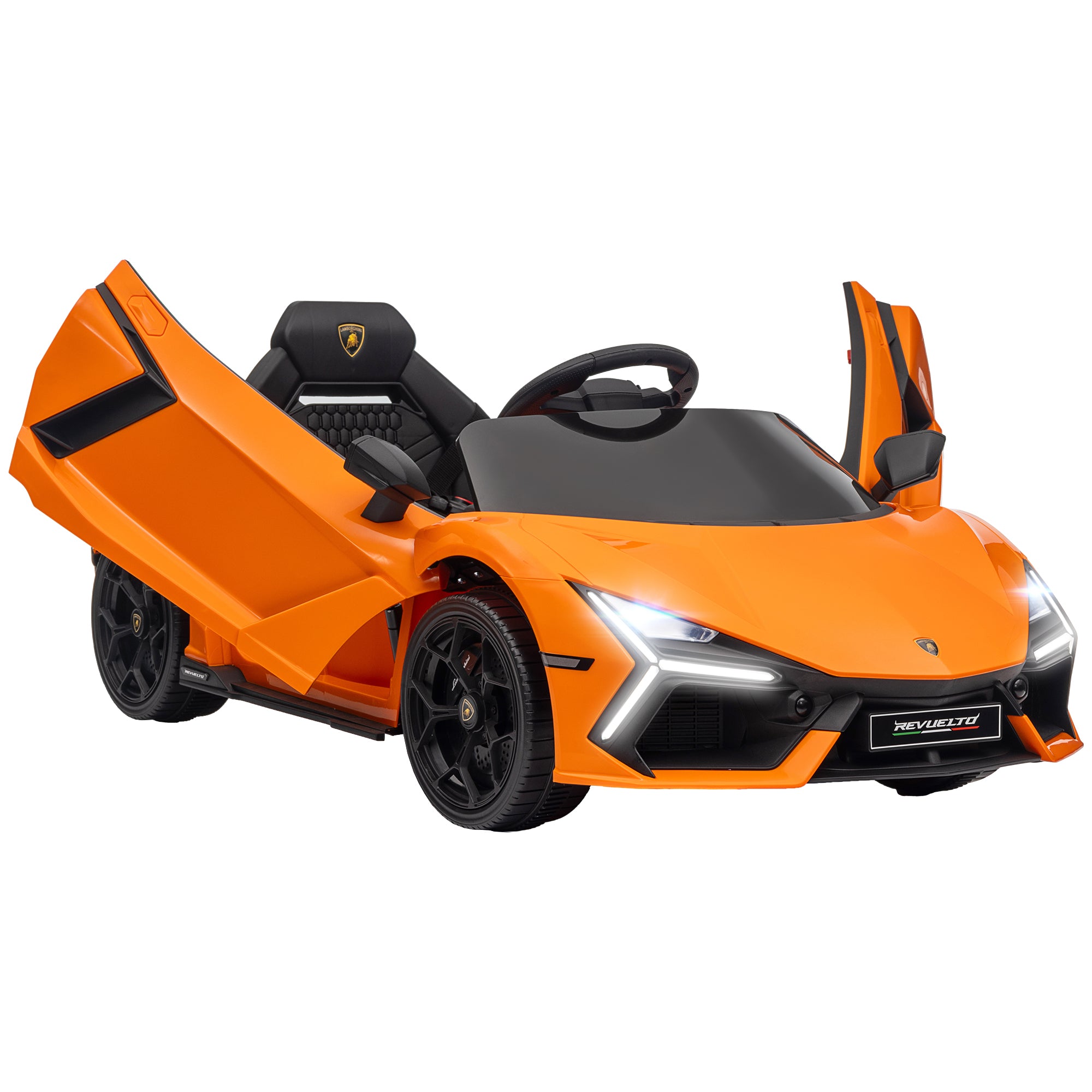 Kids Electric Car 12V Children's Vehicle with 2.4G Remote Control, Electric Car with LED Light, USB/MP3 Connection, Gullwing Door, Spring-loaded Wheels, 3-5 km/h, for Kids 3-5 Years, Orange