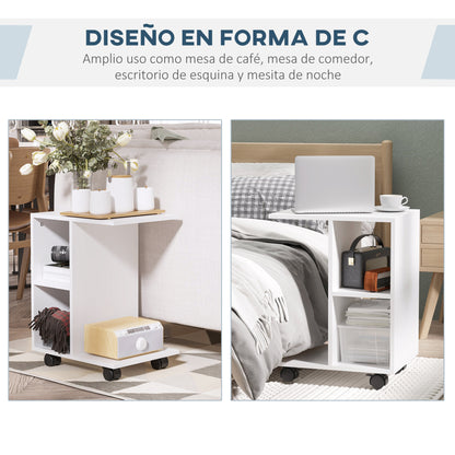 Modern Small Side Table C-Shaped Side Table with Wheels Open Shelves for Living Room Bedroom 45x35x58 cm White