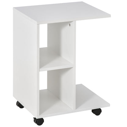 Modern Small Side Table C-Shaped Side Table with Wheels Open Shelves for Living Room Bedroom 45x35x58 cm White