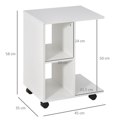 Modern Small Side Table C-Shaped Side Table with Wheels Open Shelves for Living Room Bedroom 45x35x58 cm White
