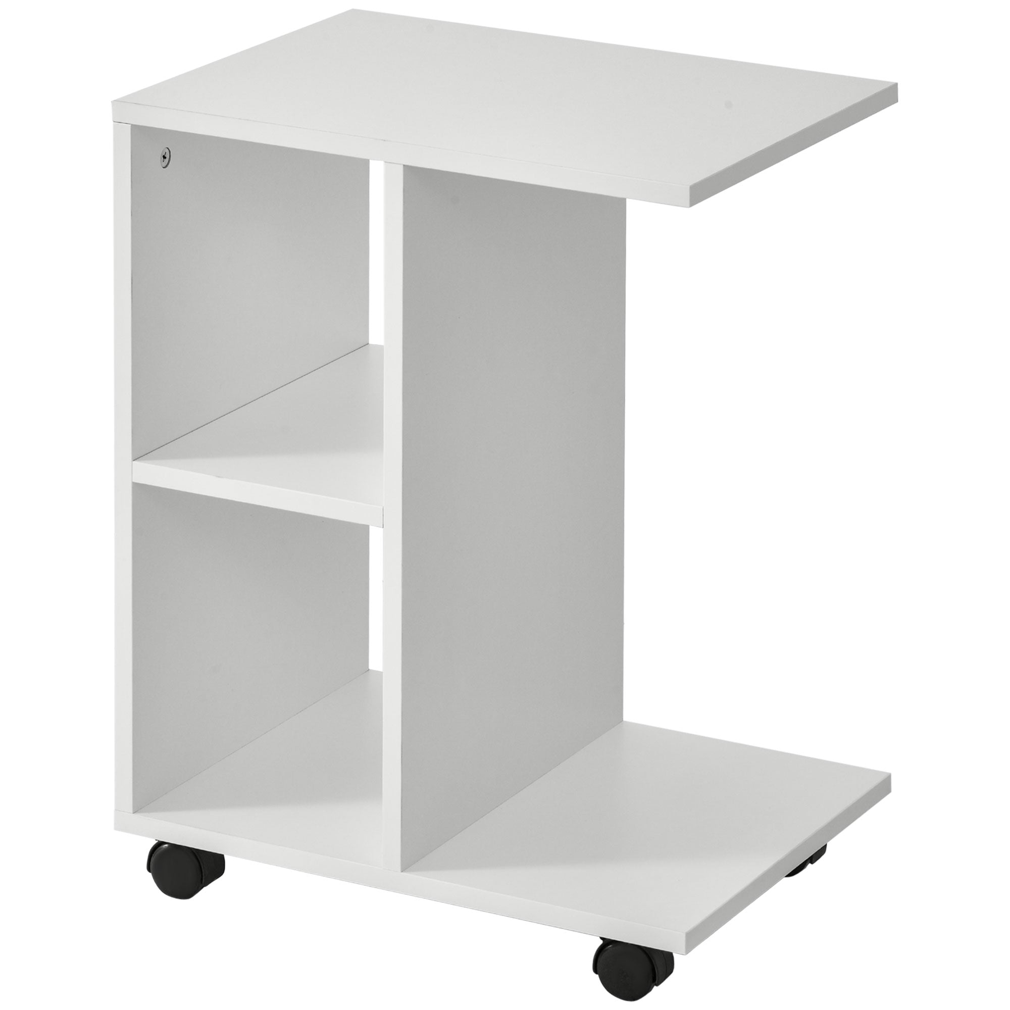 Modern Small Side Table C-Shaped Side Table with Wheels Open Shelves for Living Room Bedroom 45x35x58 cm White
