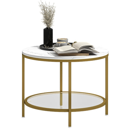 Round Living Room Coffee Table, Modern 2-Tier Side Table with Marble Effect Top and Tempered Glass Shelf, End Table for Living Room, Bedroom, Ø 60 x 45 cm, White and Gold