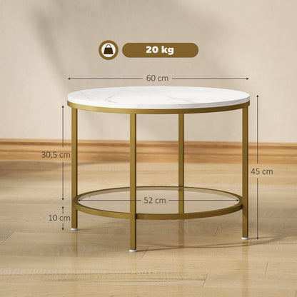 Round Living Room Coffee Table, Modern 2-Tier Side Table with Marble Effect Top and Tempered Glass Shelf, End Table for Living Room, Bedroom, Ø 60 x 45 cm, White and Gold