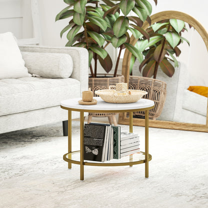 Round Living Room Coffee Table, Modern 2-Tier Side Table with Marble Effect Top and Tempered Glass Shelf, End Table for Living Room, Bedroom, Ø 60 x 45 cm, White and Gold