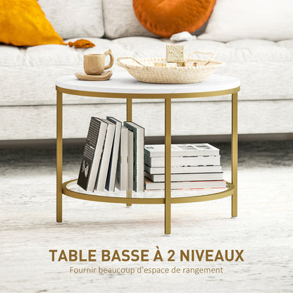 Round Living Room Coffee Table, Modern 2-Tier Side Table with Marble Effect Top and Tempered Glass Shelf, End Table for Living Room, Bedroom, Ø 60 x 45 cm, White and Gold