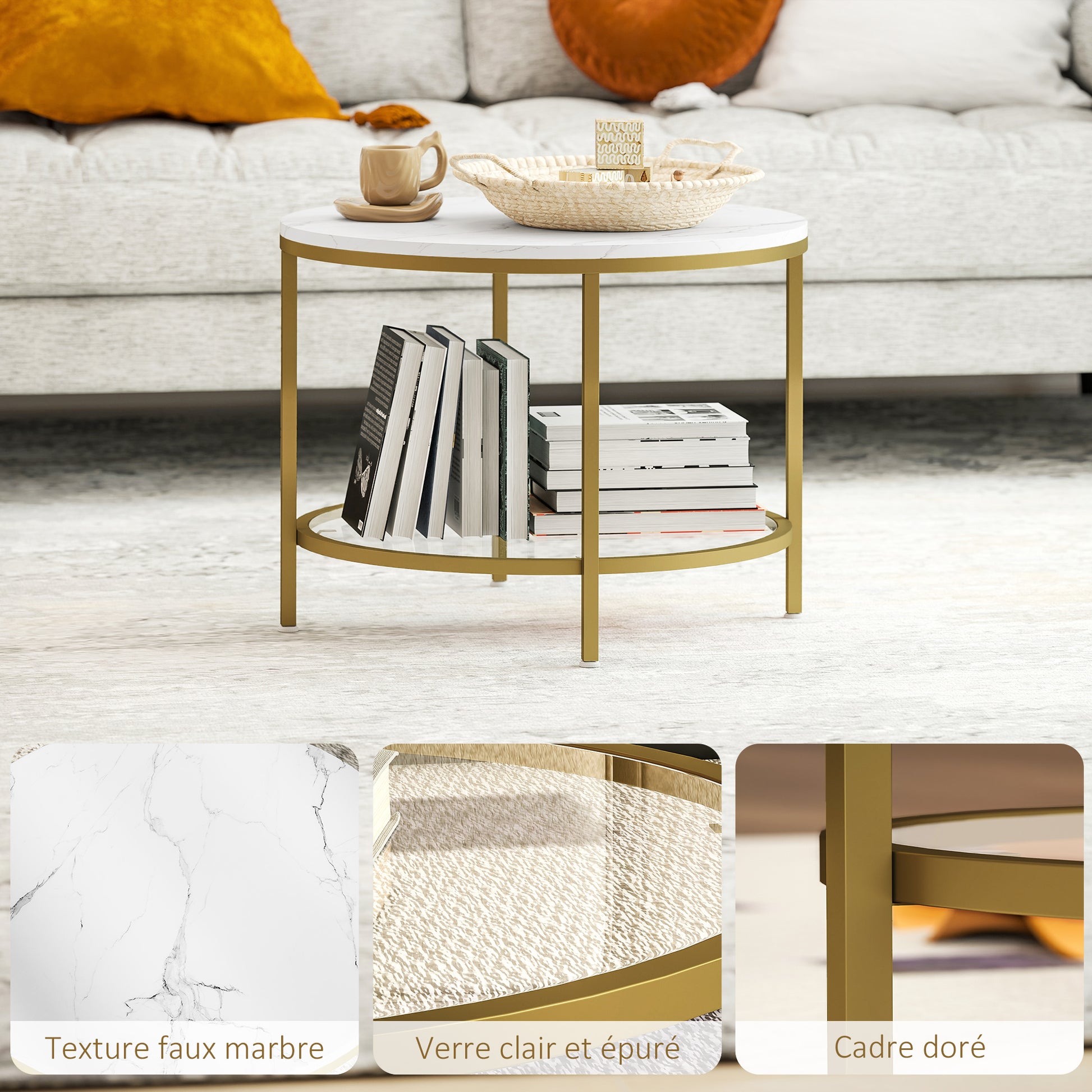 Round Living Room Coffee Table, Modern 2-Tier Side Table with Marble Effect Top and Tempered Glass Shelf, End Table for Living Room, Bedroom, Ø 60 x 45 cm, White and Gold