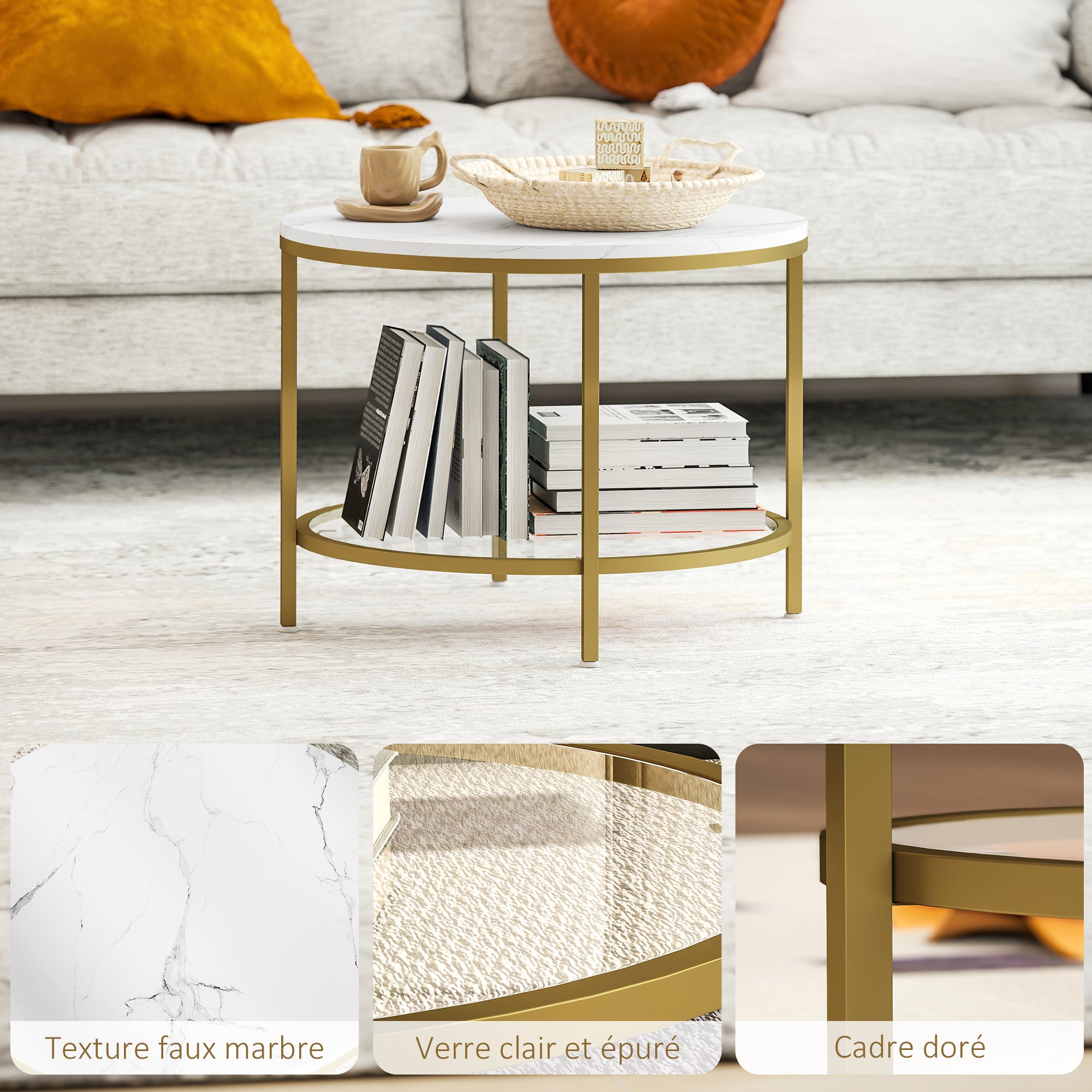 Round Living Room Coffee Table, Modern 2-Tier Side Table with Marble Effect Top and Tempered Glass Shelf, End Table for Living Room, Bedroom, Ø 60 x 45 cm, White and Gold