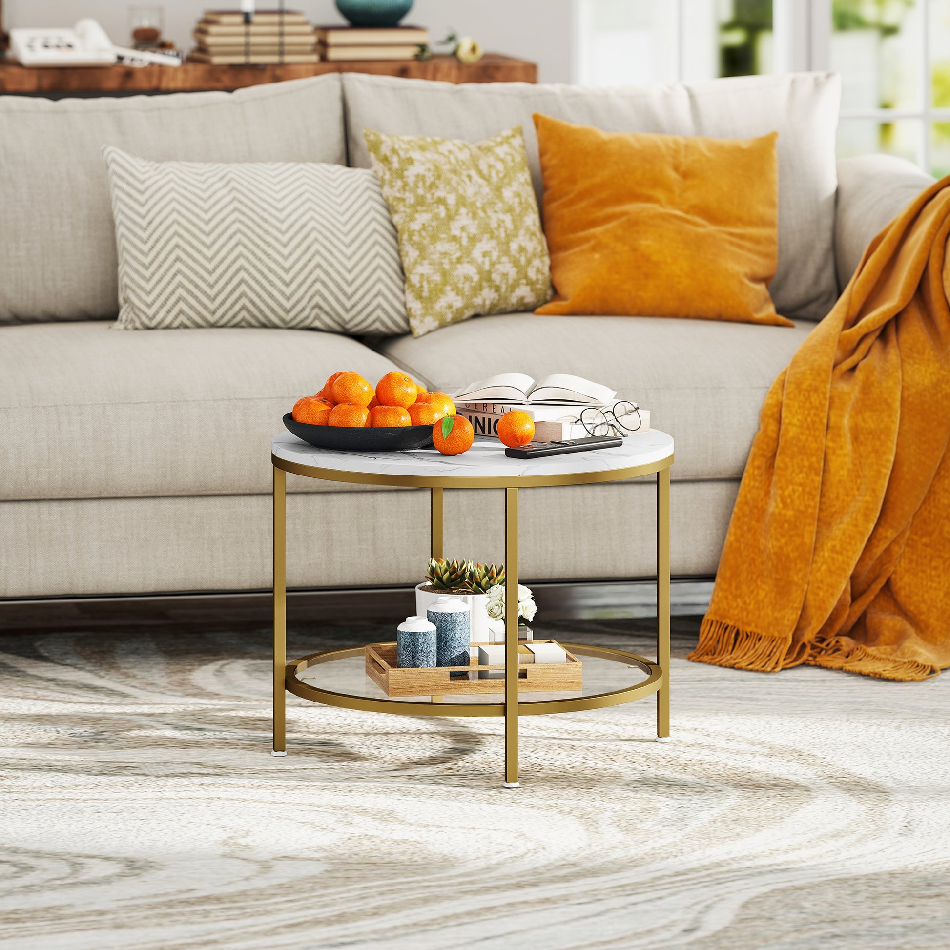 Round Living Room Coffee Table, Modern 2-Tier Side Table with Marble Effect Top and Tempered Glass Shelf, End Table for Living Room, Bedroom, Ø 60 x 45 cm, White and Gold