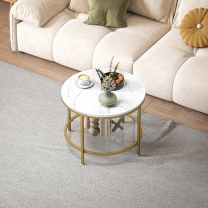 Round Living Room Coffee Table, Modern 2-Tier Side Table with Marble Effect Top and Tempered Glass Shelf, End Table for Living Room, Bedroom, Ø 60 x 45 cm, White and Gold