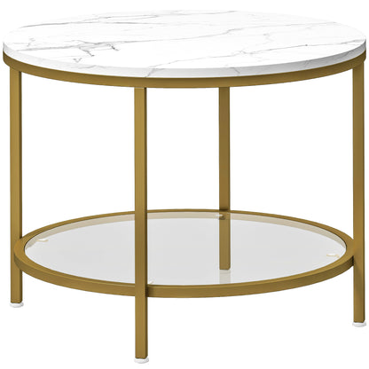 Round Living Room Coffee Table, Modern 2-Tier Side Table with Marble Effect Top and Tempered Glass Shelf, End Table for Living Room, Bedroom, Ø 60 x 45 cm, White and Gold