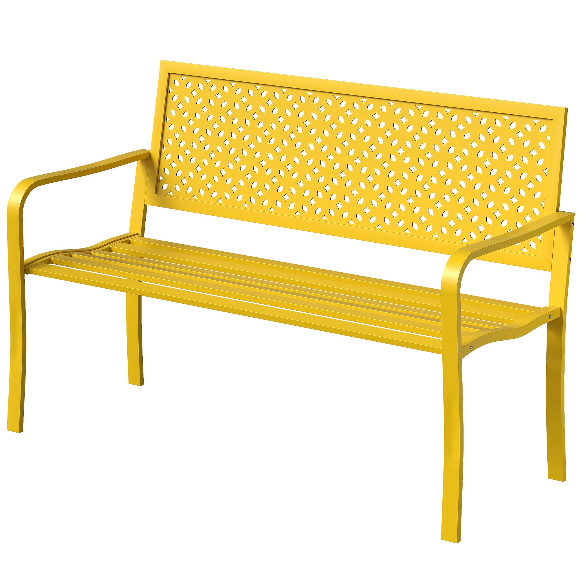 2-Seater Metal Garden Bench — Weatherproof Outdoor Seat with Rust-Resistant Slatted Back, Geometric Design, 127 x 61 x 85 cm (50 x 24 x 33.5 in), Yellow