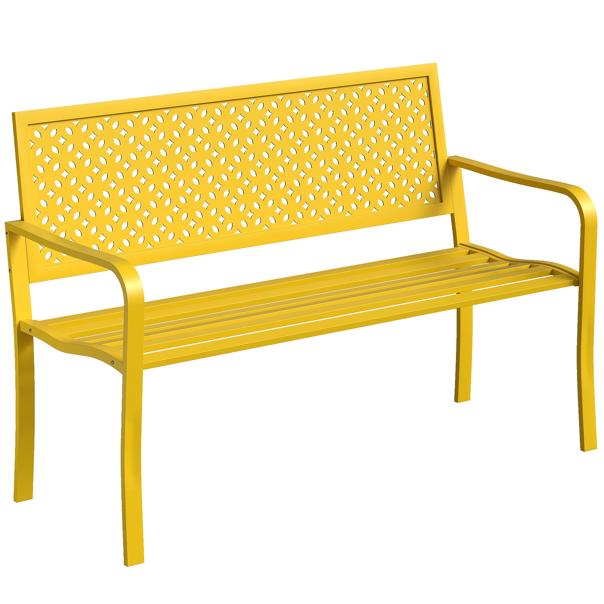 2-Seater Metal Garden Bench — Weatherproof Outdoor Seat with Rust-Resistant Slatted Back, Geometric Design, 127 x 61 x 85 cm (50 x 24 x 33.5 in), Yellow