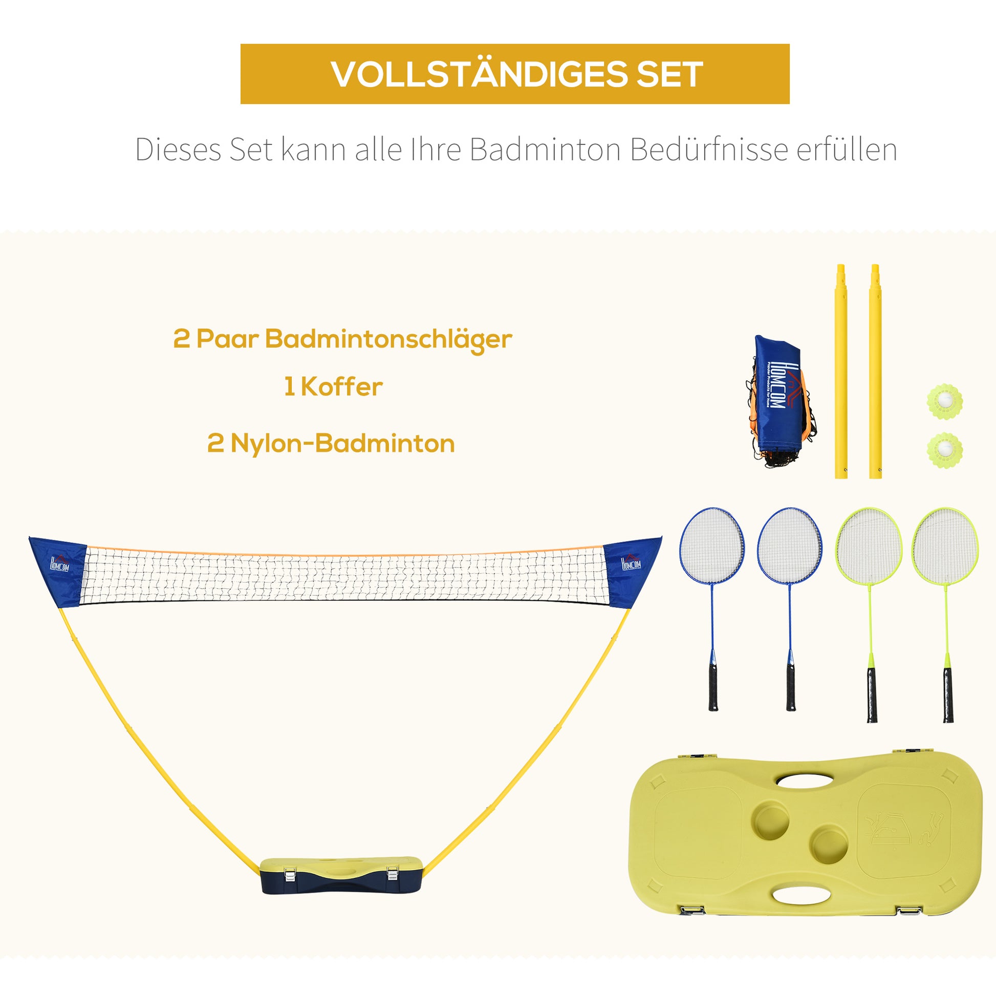 Badminton Net with Stand, Badminton Net Stand, Portable Net Stand, Badminton Net with 4 Badminton Rackets, Outdoor Sports, Yellow+Blue, 286 x 33 x 157 cm