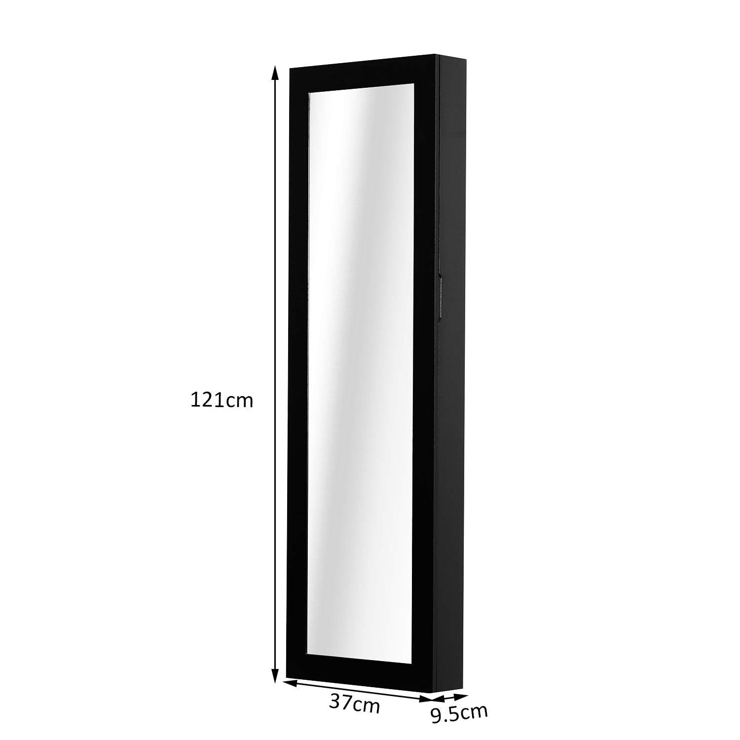 Wall-Mounted Jewelry Cabinet with Hooks and Compartments in Wood, Jewelry Armoire with Mirror for Earrings, Necklaces, and Rings, 37x9.5x121 cm, Black