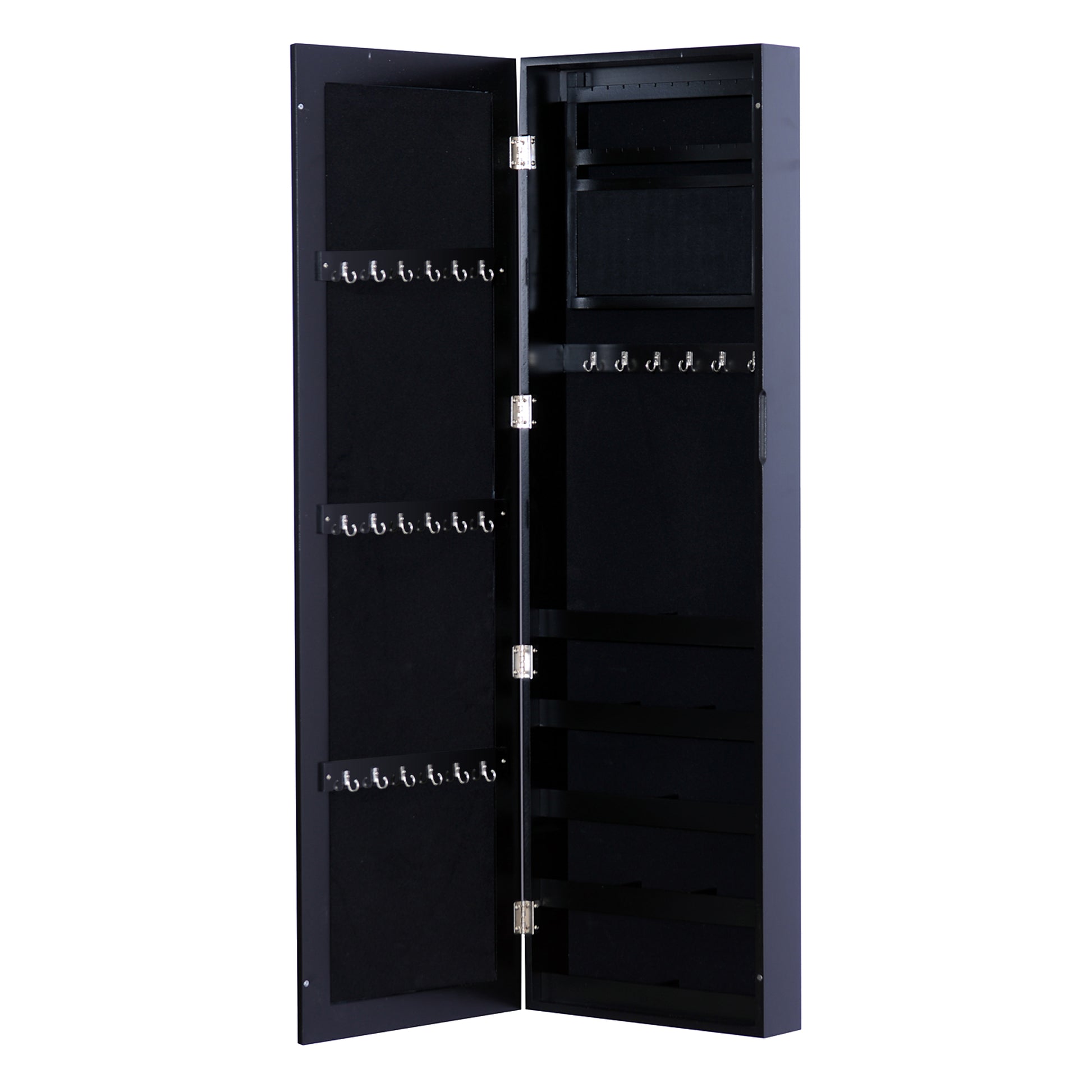 Wall-Mounted Jewelry Cabinet with Hooks and Compartments in Wood, Jewelry Armoire with Mirror for Earrings, Necklaces, and Rings, 37x9.5x121 cm, Black