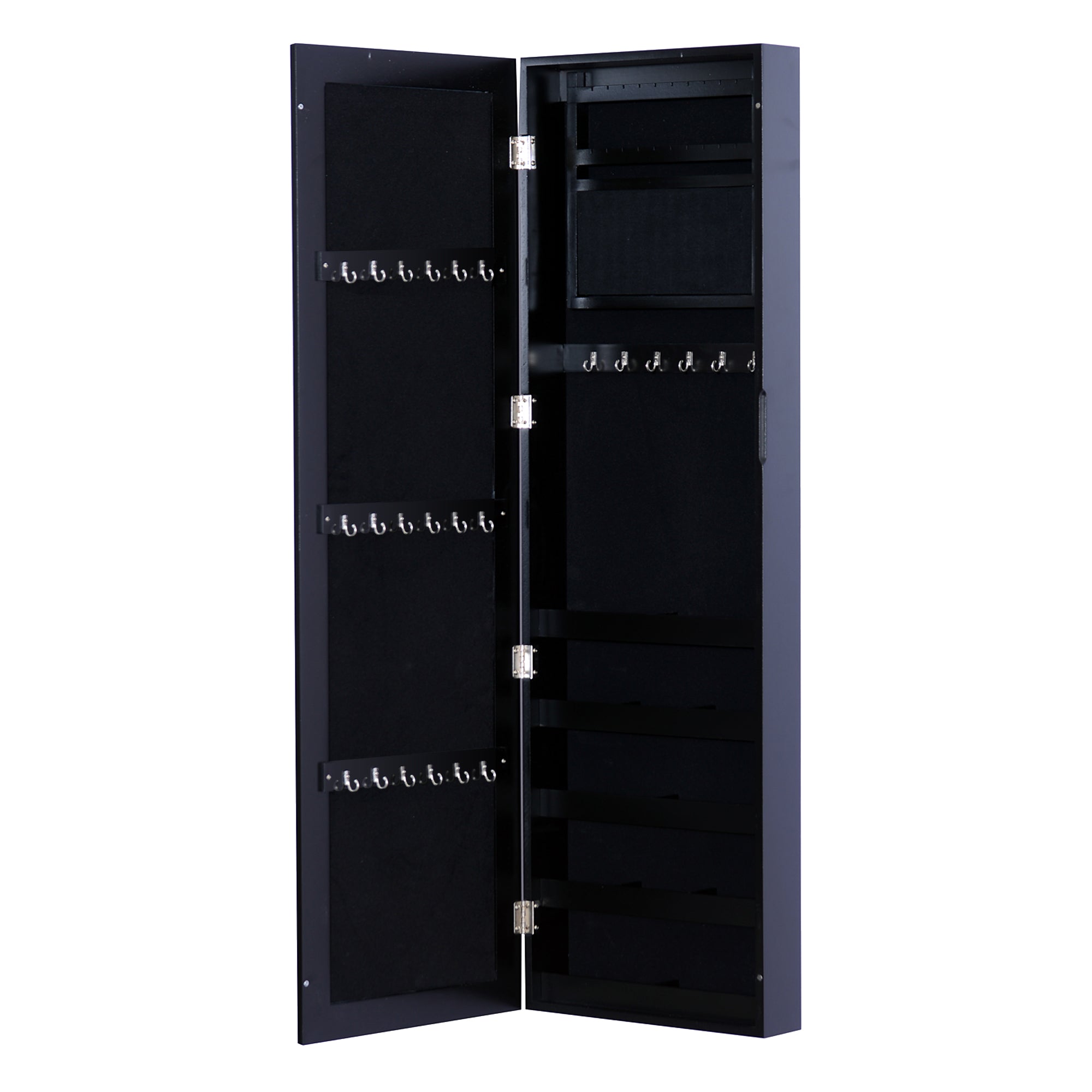 Wall-Mounted Jewelry Cabinet with Hooks and Compartments in Wood, Jewelry Armoire with Mirror for Earrings, Necklaces, and Rings, 37x9.5x121 cm, Black