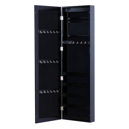 Wall-Mounted Jewelry Cabinet with Hooks and Compartments in Wood, Jewelry Armoire with Mirror for Earrings, Necklaces, and Rings, 37x9.5x121 cm, Black