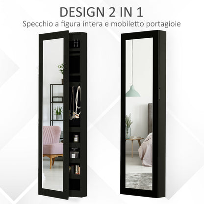 Wall-Mounted Jewelry Cabinet with Hooks and Compartments in Wood, Jewelry Armoire with Mirror for Earrings, Necklaces, and Rings, 37x9.5x121 cm, Black