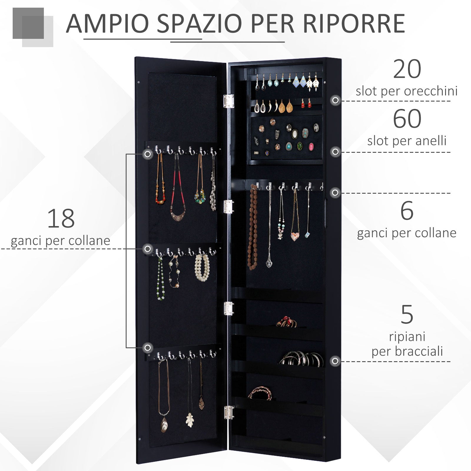Wall-Mounted Jewelry Cabinet with Hooks and Compartments in Wood, Jewelry Armoire with Mirror for Earrings, Necklaces, and Rings, 37x9.5x121 cm, Black