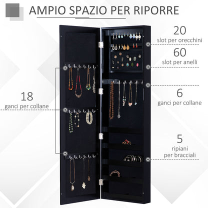 Wall-Mounted Jewelry Cabinet with Hooks and Compartments in Wood, Jewelry Armoire with Mirror for Earrings, Necklaces, and Rings, 37x9.5x121 cm, Black