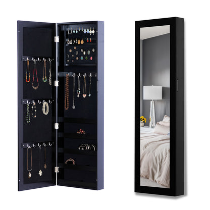 Wall-Mounted Jewelry Cabinet with Hooks and Compartments in Wood, Jewelry Armoire with Mirror for Earrings, Necklaces, and Rings, 37x9.5x121 cm, Black