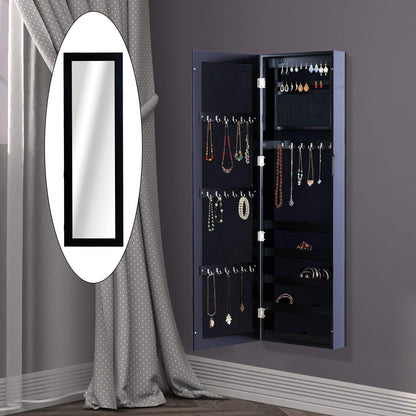 Wall-Mounted Jewelry Cabinet with Hooks and Compartments in Wood, Jewelry Armoire with Mirror for Earrings, Necklaces, and Rings, 37x9.5x121 cm, Black