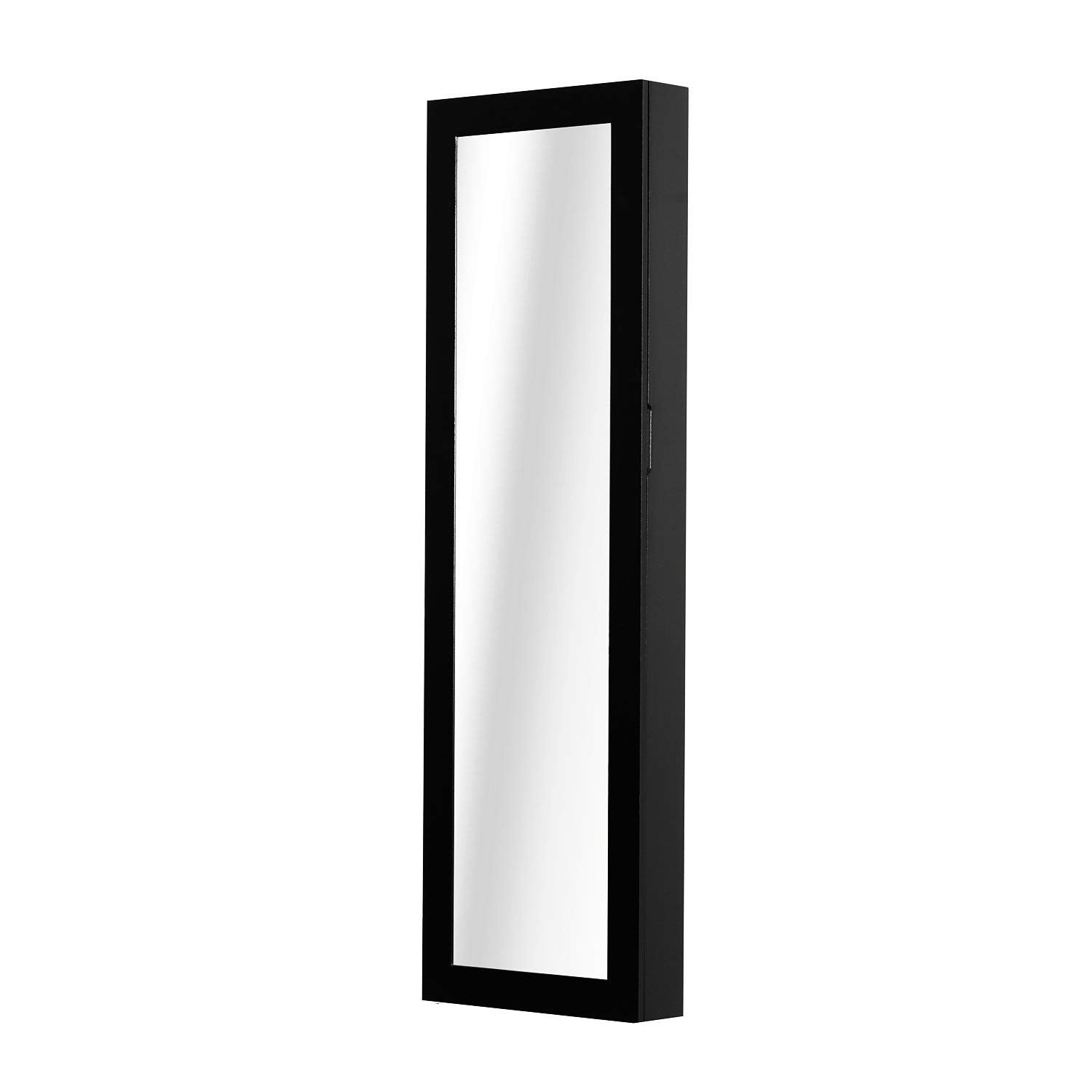 Wall-Mounted Jewelry Cabinet with Hooks and Compartments in Wood, Jewelry Armoire with Mirror for Earrings, Necklaces, and Rings, 37x9.5x121 cm, Black