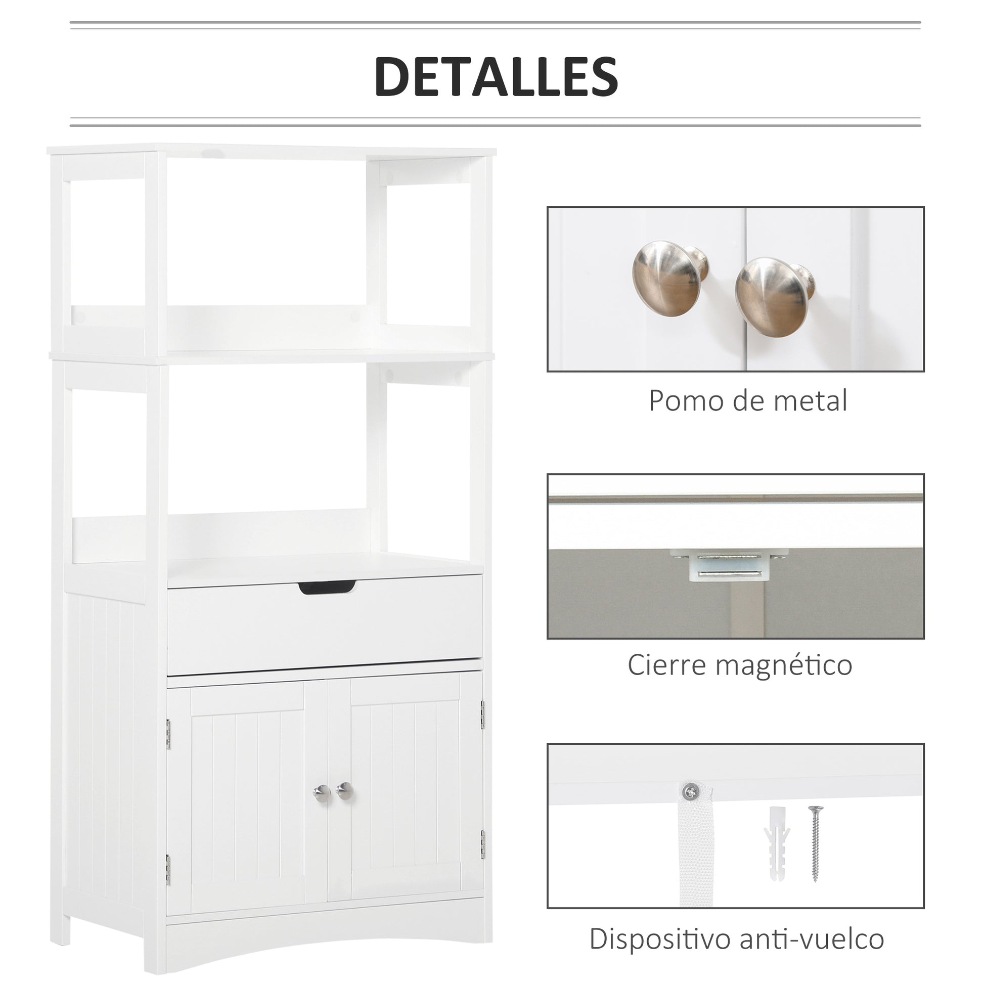 Bathroom Cabinet with 3 Shelves Drawer and 2 Doors Modern Floor Storage Cabinet for Kitchen Bedroom Living Room 60x33x122.5 cm White