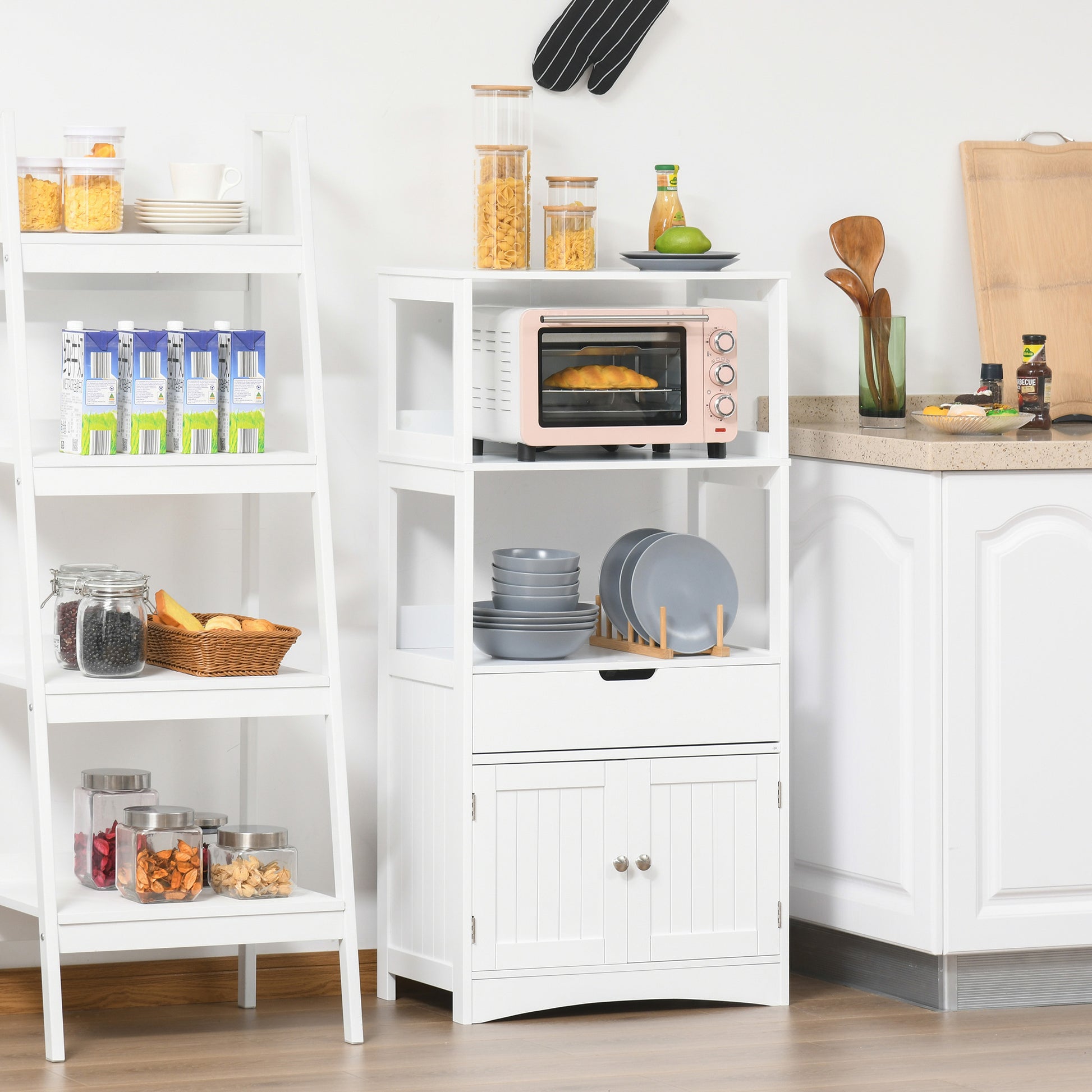 Bathroom Cabinet with 3 Shelves Drawer and 2 Doors Modern Floor Storage Cabinet for Kitchen Bedroom Living Room 60x33x122.5 cm White