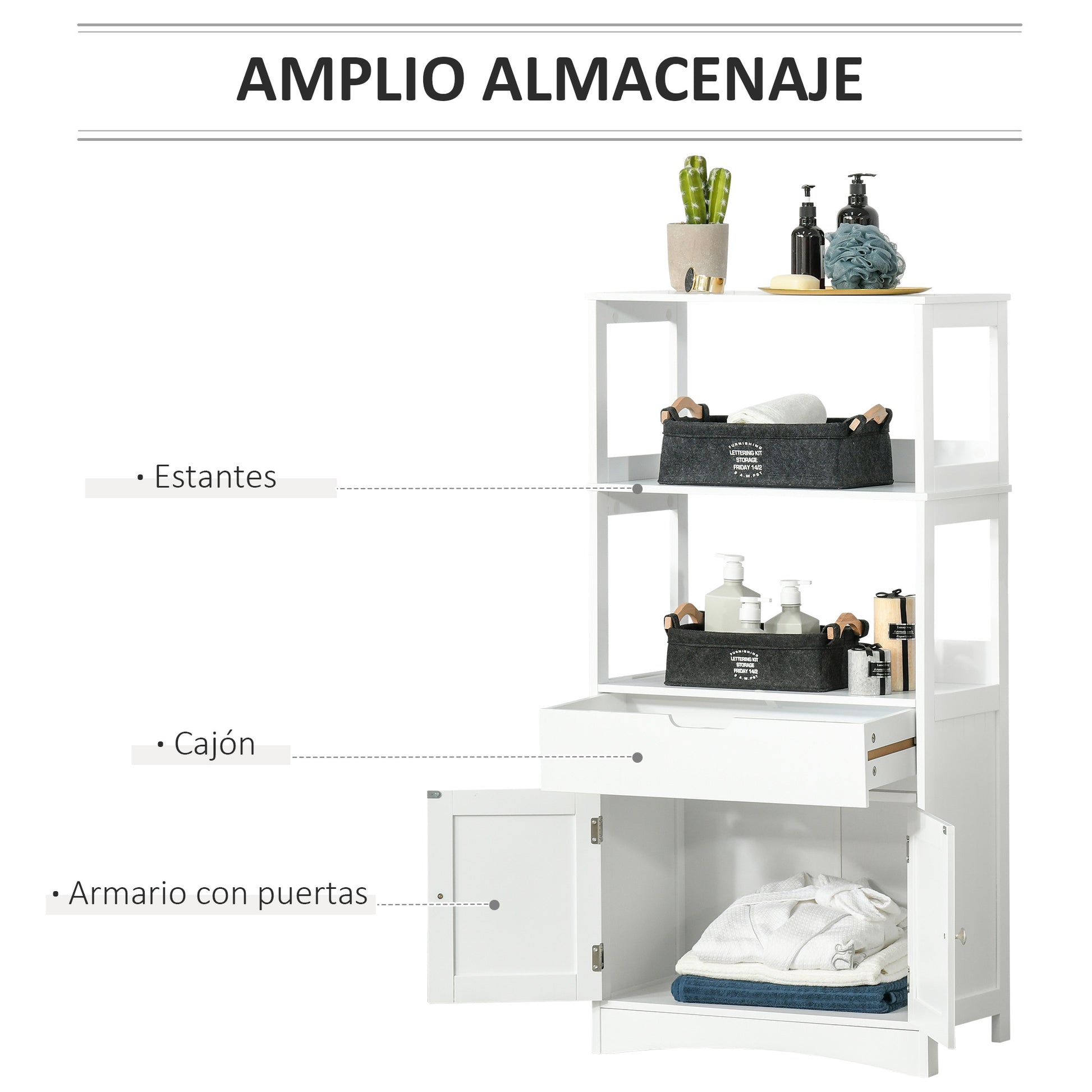 Bathroom Cabinet with 3 Shelves Drawer and 2 Doors Modern Floor Storage Cabinet for Kitchen Bedroom Living Room 60x33x122.5 cm White