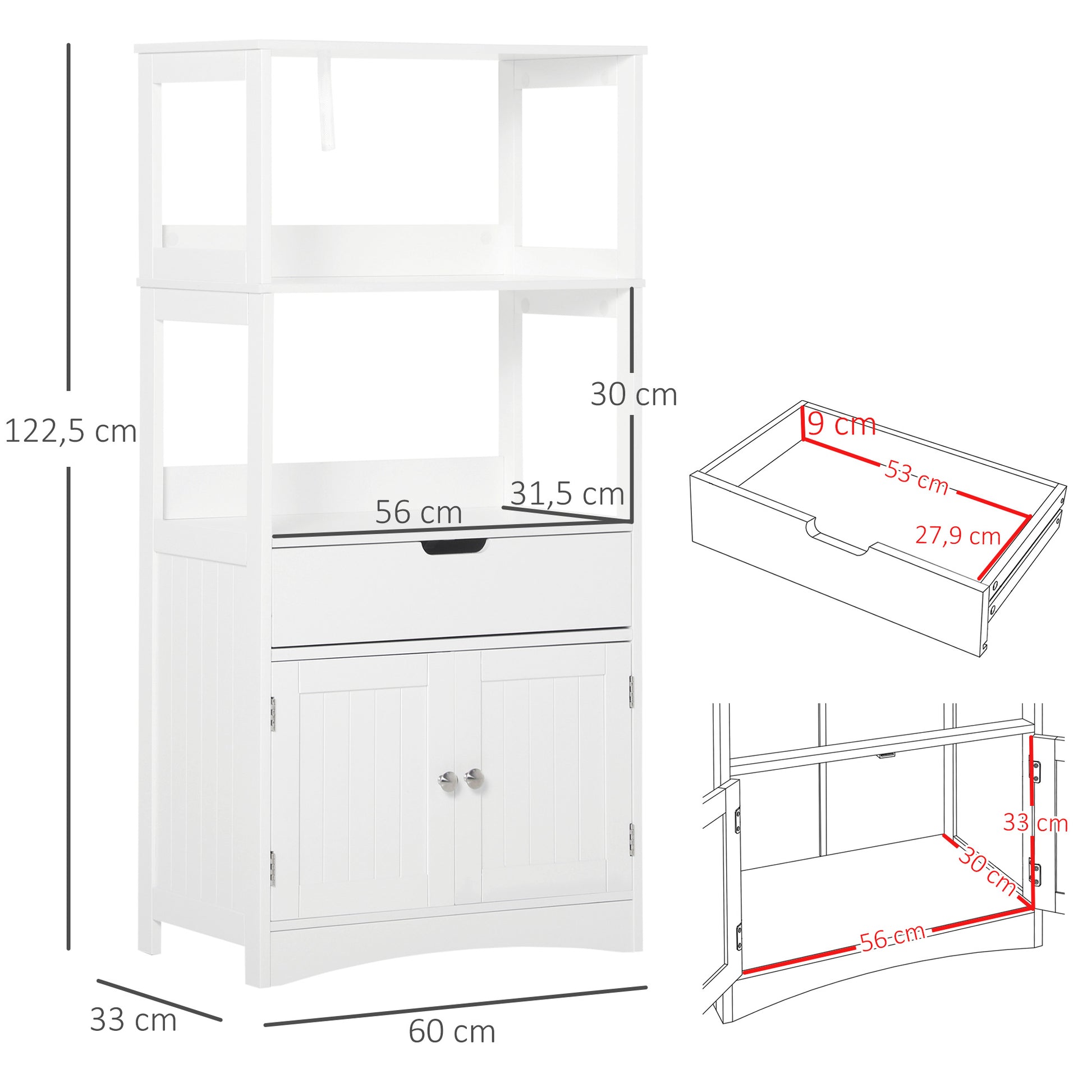 Bathroom Cabinet with 3 Shelves Drawer and 2 Doors Modern Floor Storage Cabinet for Kitchen Bedroom Living Room 60x33x122.5 cm White