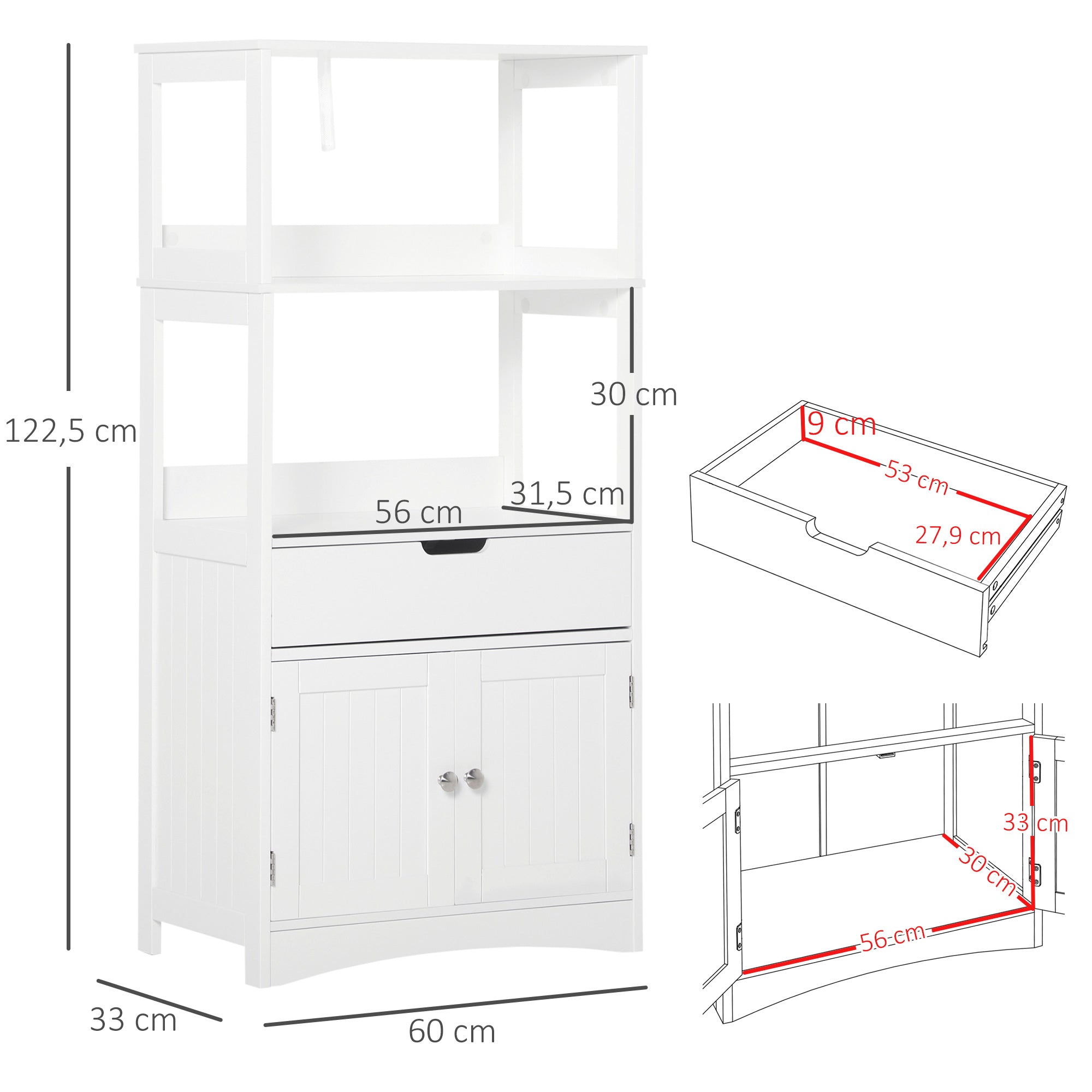 Bathroom Cabinet with 3 Shelves Drawer and 2 Doors Modern Floor Storage Cabinet for Kitchen Bedroom Living Room 60x33x122.5 cm White