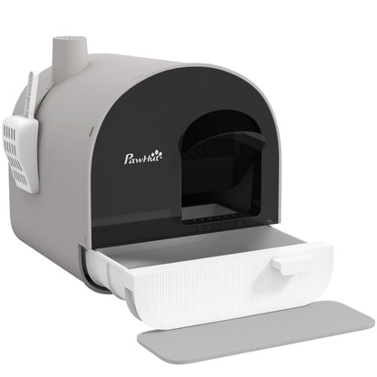 Cat Litter Box with Lid, Cat Toilet including Scoop and Litter Mat, Pull-Out Tray, Cat Toilet for Large Cats, Gray, 43 x 44 x 47 cm