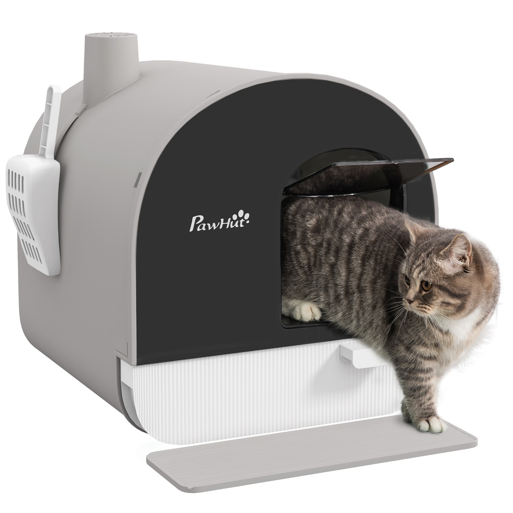 Cat Litter Box with Lid, Cat Toilet including Scoop and Litter Mat, Pull-Out Tray, Cat Toilet for Large Cats, Gray, 43 x 44 x 47 cm