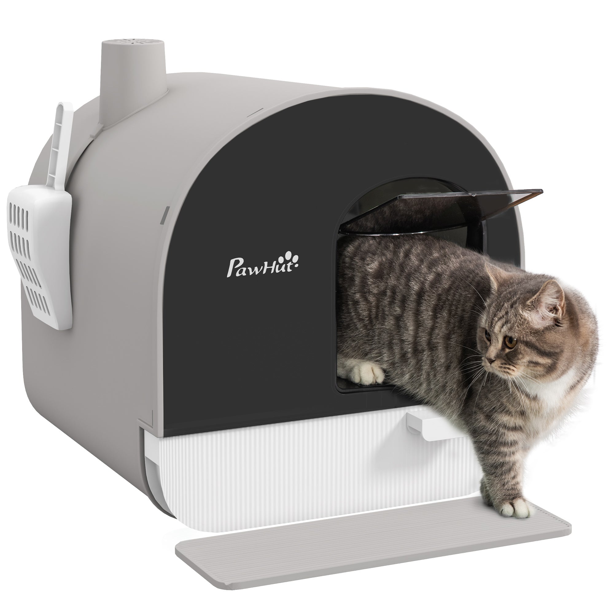 Cat Litter Box with Lid, Cat Toilet including Scoop and Litter Mat, Pull-Out Tray, Cat Toilet for Large Cats, Gray, 43 x 44 x 47 cm