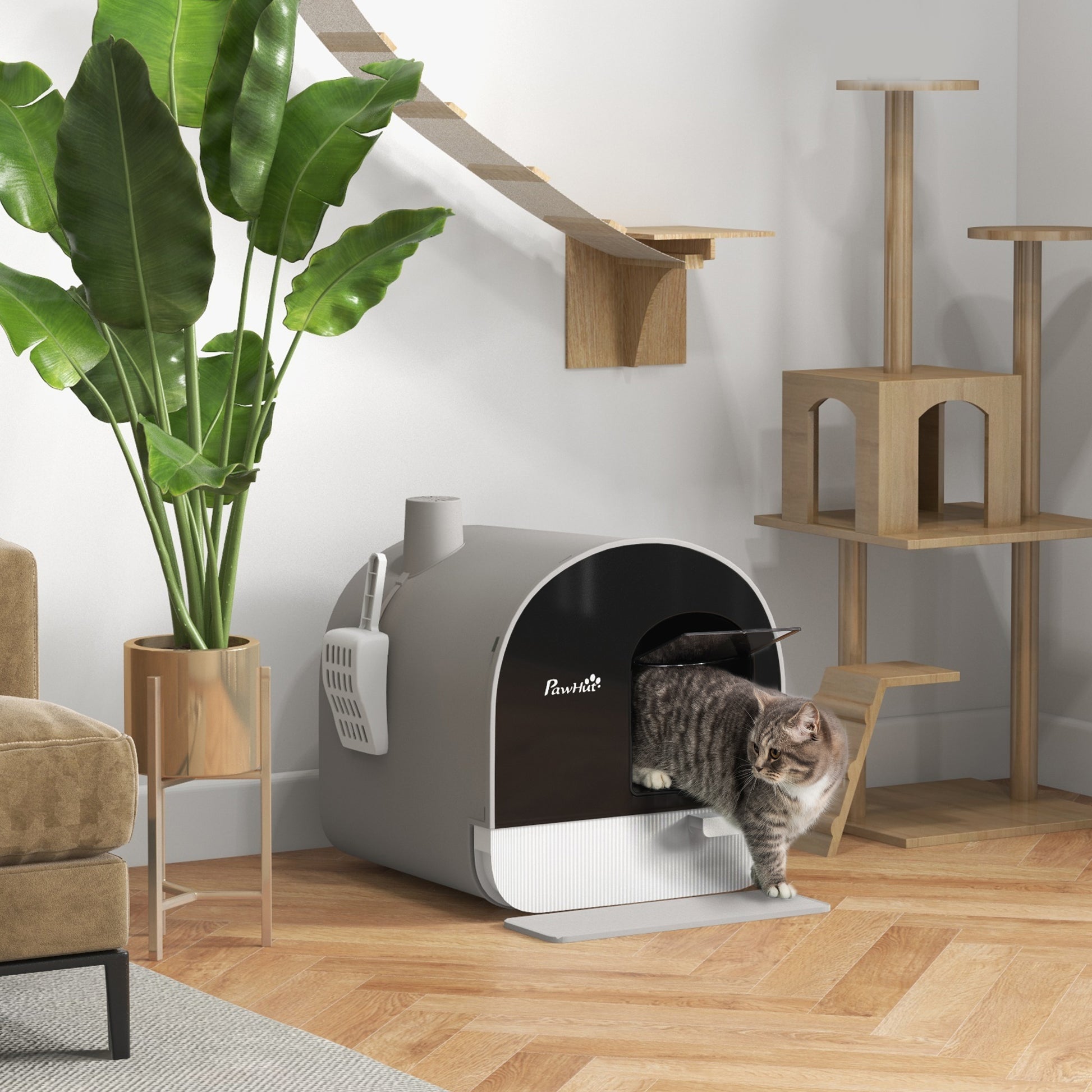 Cat Litter Box with Lid, Cat Toilet including Scoop and Litter Mat, Pull-Out Tray, Cat Toilet for Large Cats, Gray, 43 x 44 x 47 cm