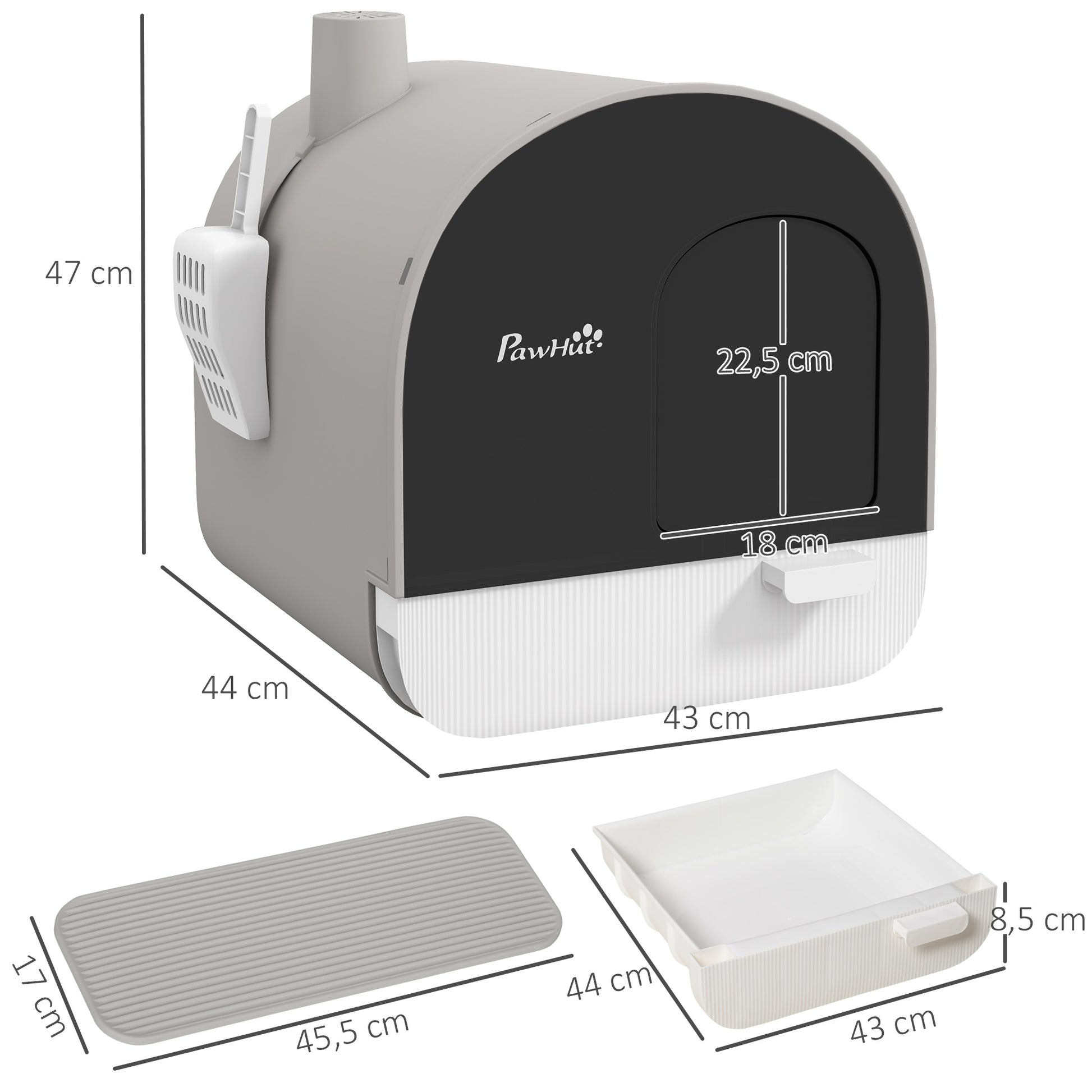 Cat Litter Box with Lid, Cat Toilet including Scoop and Litter Mat, Pull-Out Tray, Cat Toilet for Large Cats, Gray, 43 x 44 x 47 cm