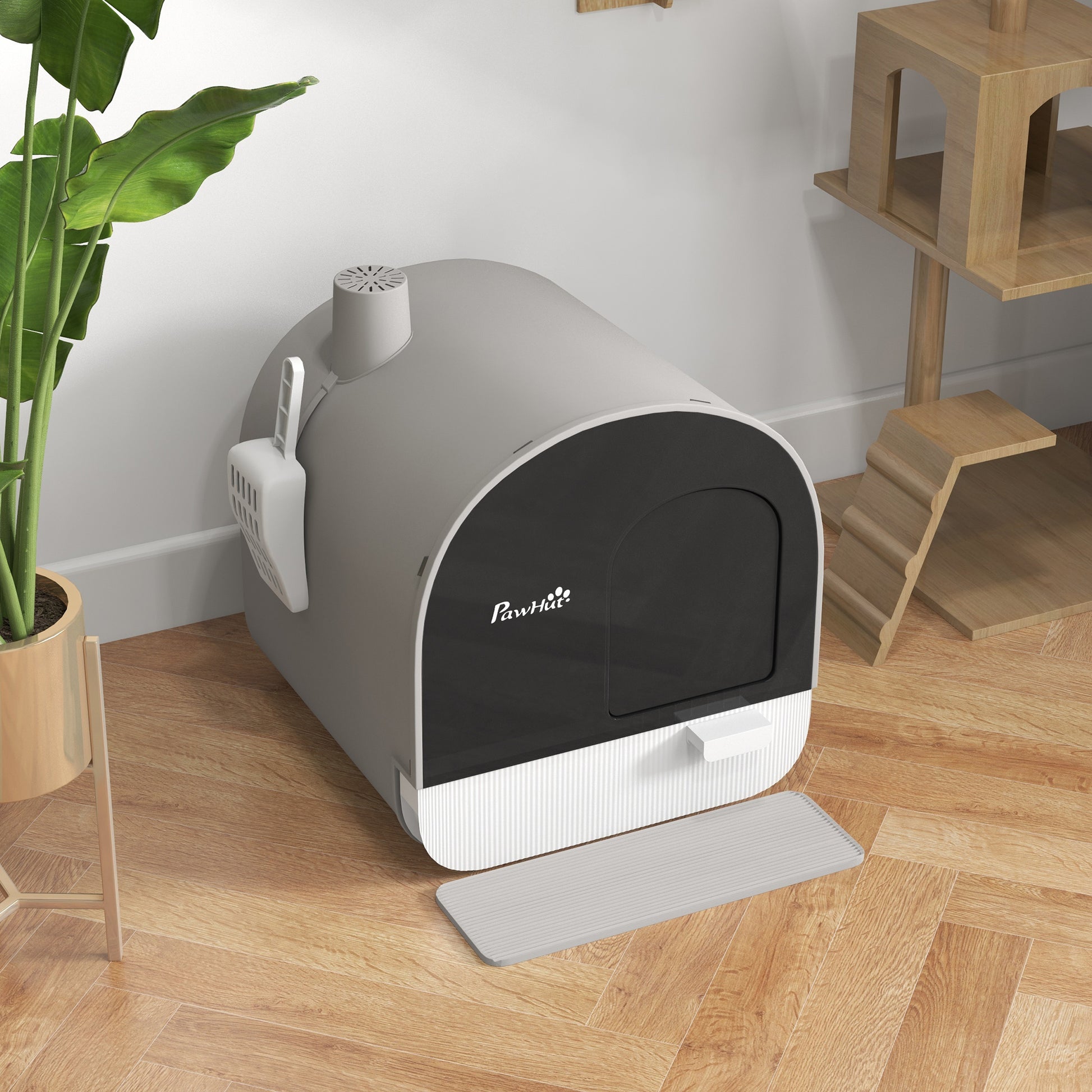 Cat Litter Box with Lid, Cat Toilet including Scoop and Litter Mat, Pull-Out Tray, Cat Toilet for Large Cats, Gray, 43 x 44 x 47 cm
