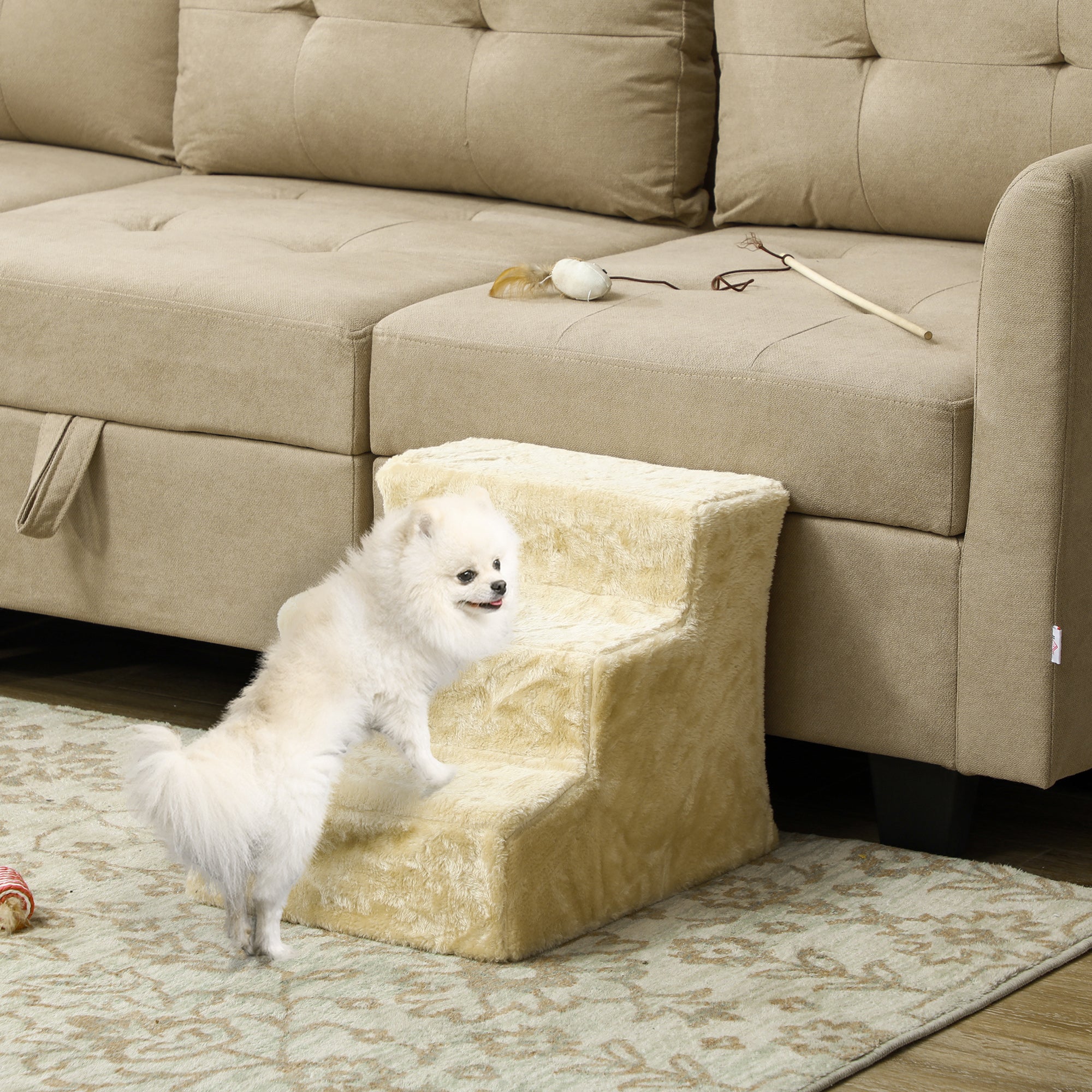 Dog Stairs 3 Steps 35 cm High Pet Stairs for Small Dogs or Cats, Cat Stairs Dog Ramp with Washable Plush Cover for Bed, Sofa, Couch, Beige