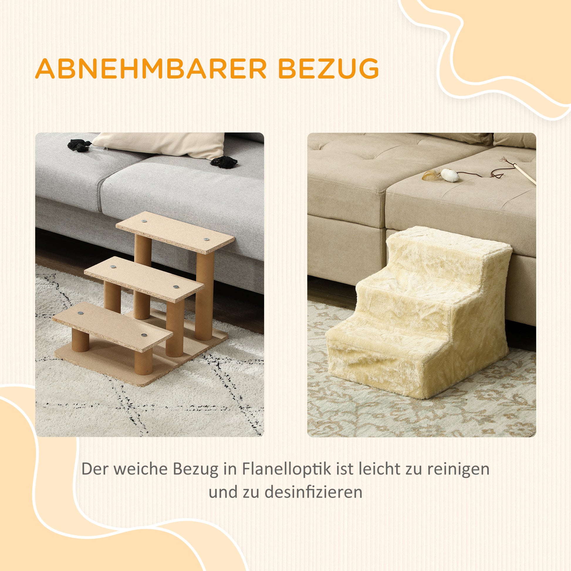 Dog Stairs 3 Steps 35 cm High Pet Stairs for Small Dogs or Cats, Cat Stairs Dog Ramp with Washable Plush Cover for Bed, Sofa, Couch, Beige