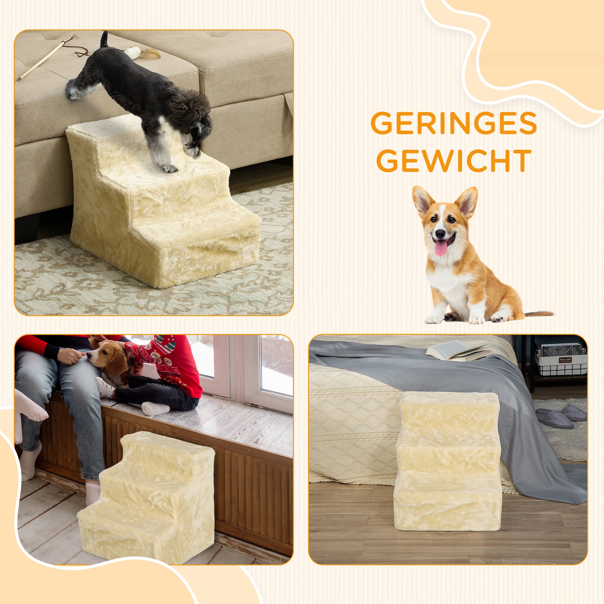Dog Stairs 3 Steps 35 cm High Pet Stairs for Small Dogs or Cats, Cat Stairs Dog Ramp with Washable Plush Cover for Bed, Sofa, Couch, Beige