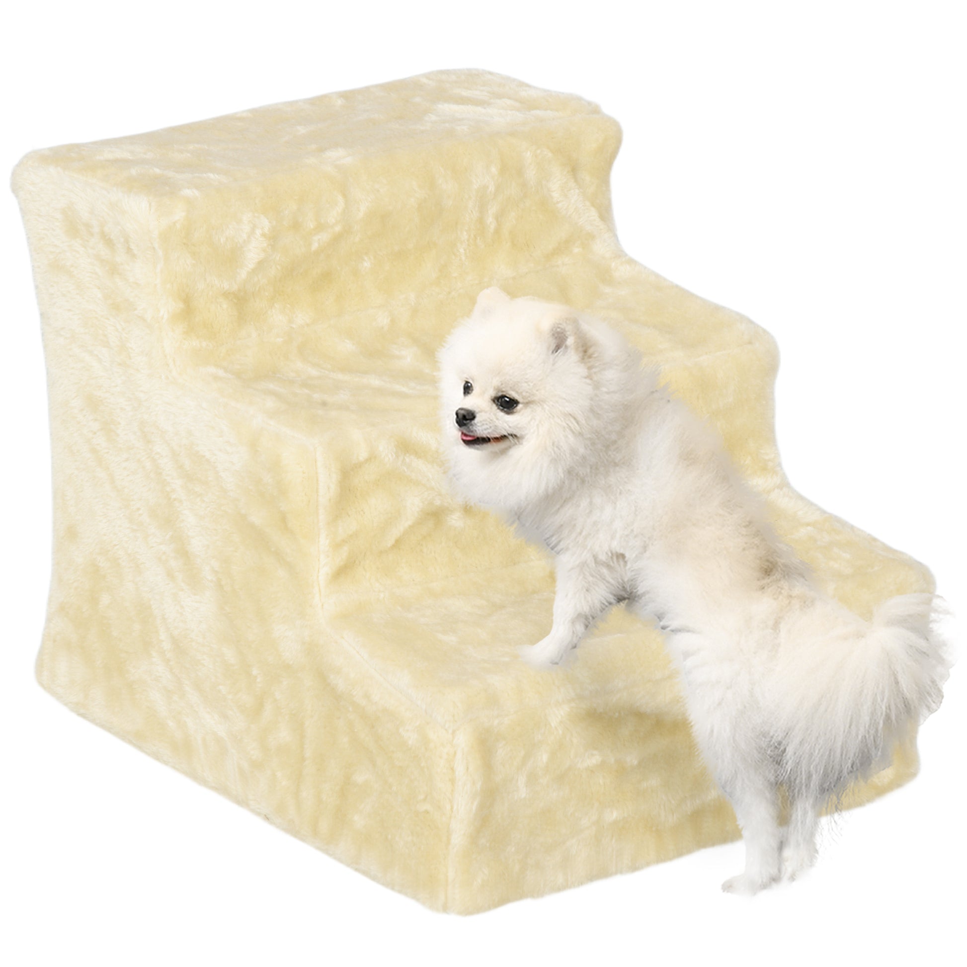 Dog Stairs 3 Steps 35 cm High Pet Stairs for Small Dogs or Cats, Cat Stairs Dog Ramp with Washable Plush Cover for Bed, Sofa, Couch, Beige