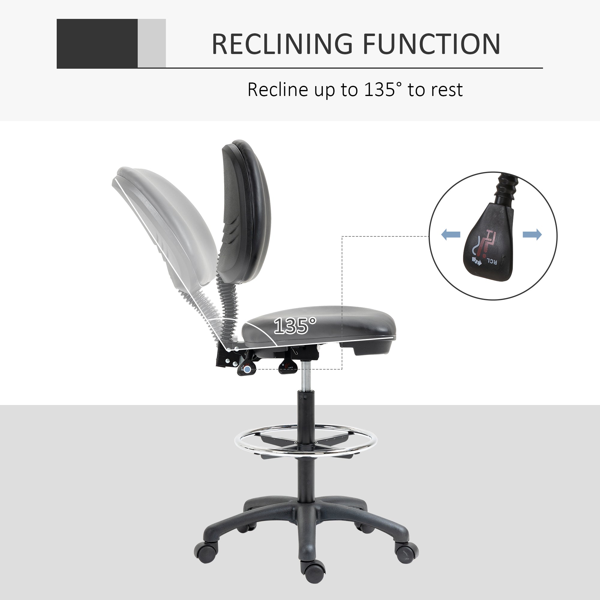 Adjustable Height Swivel Stool 69-91 cm with Reclining Backrest and Adjustable Footrest