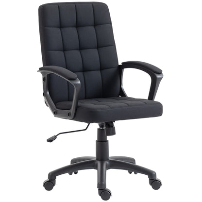 Mid-Back Swivel Office Chair — Synthetic Linen Upholstery, Height-Adjustable, Tilt, Armrests, Casters — Black