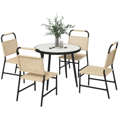 5-Piece Garden Set with Marble Effect Glass Table and 4 PE Rattan Chairs, Garden and Terrace Lounge, Khaki Color