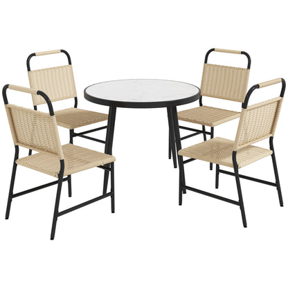 5-Piece Garden Set with Marble Effect Glass Table and 4 PE Rattan Chairs, Garden and Terrace Lounge, Khaki Color