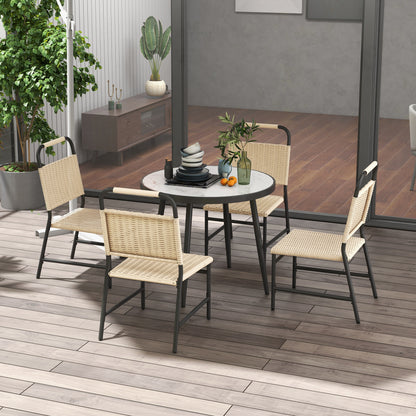 5-Piece Garden Set with Marble Effect Glass Table and 4 PE Rattan Chairs, Garden and Terrace Lounge, Khaki Color