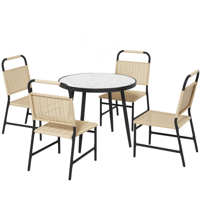 5-Piece Garden Set with Marble Effect Glass Table and 4 PE Rattan Chairs, Garden and Terrace Lounge, Khaki Color