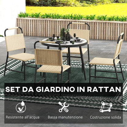 5-Piece Garden Set with Marble Effect Glass Table and 4 PE Rattan Chairs, Garden and Terrace Lounge, Khaki Color