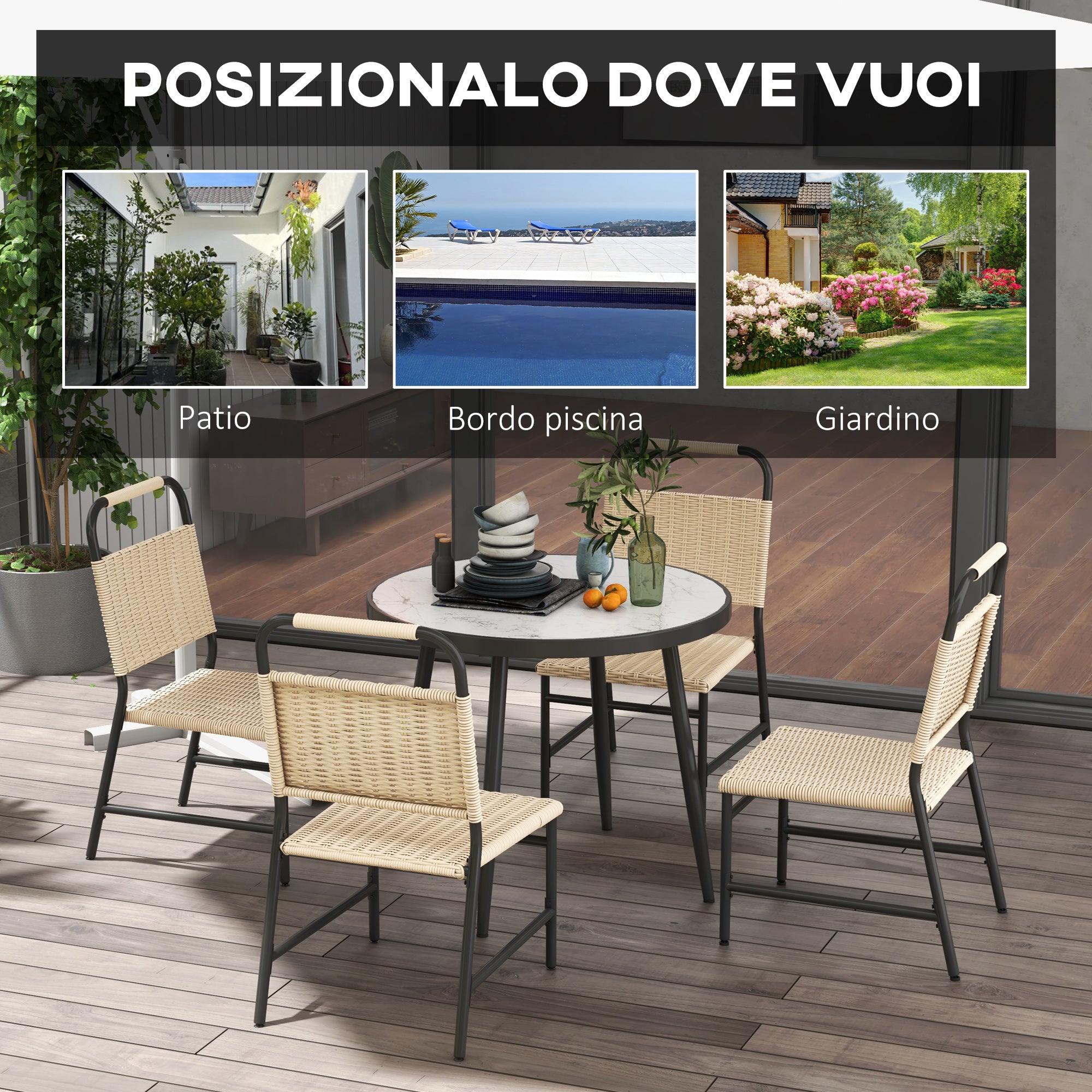 5-Piece Garden Set with Marble Effect Glass Table and 4 PE Rattan Chairs, Garden and Terrace Lounge, Khaki Color